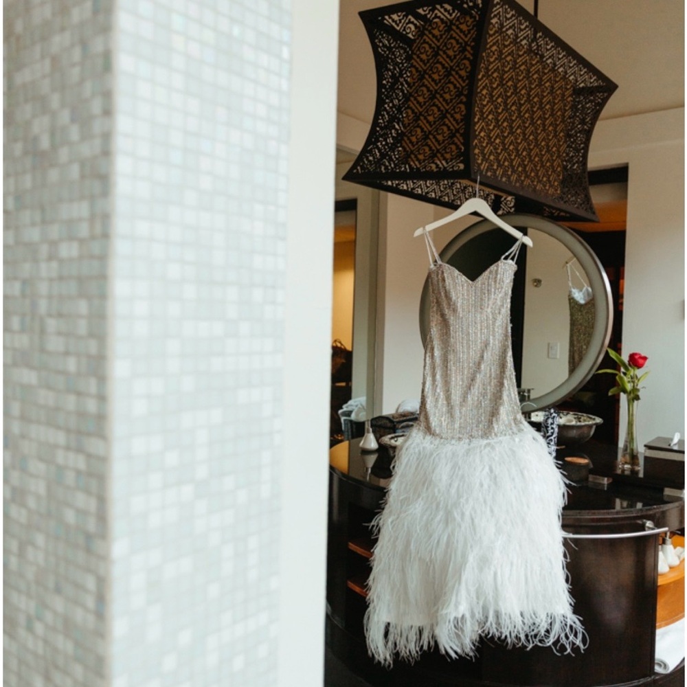 Sequin Feather Cocktail Dress - Silver & White